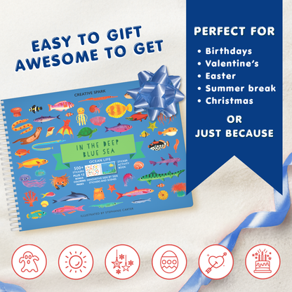 Colorful book with ocean-themed illustrations and a blue ribbon on a white background