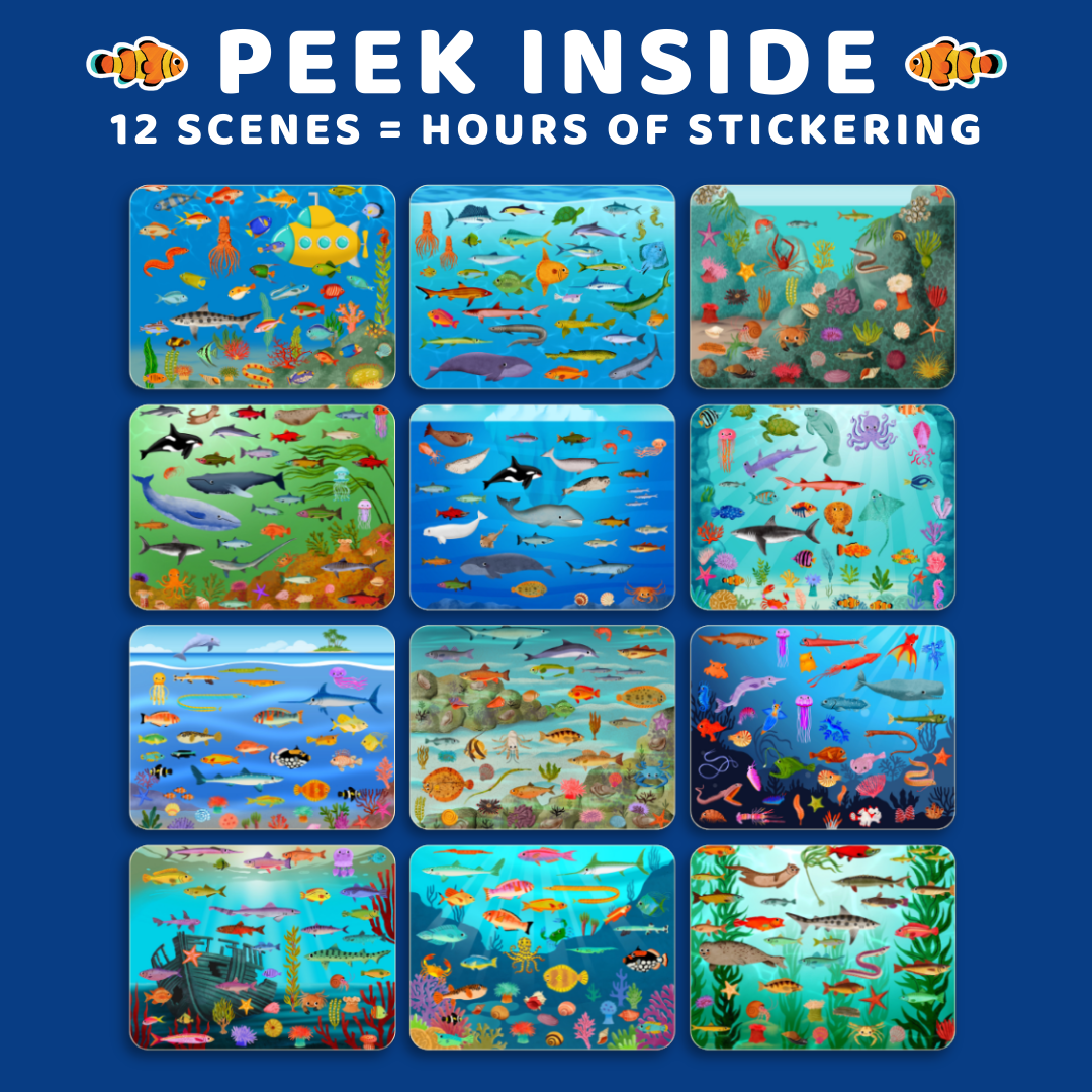 Sticker book cover with underwater scene designs and text on a blue background