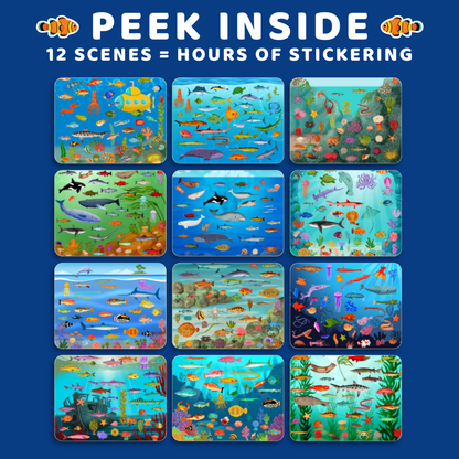 Sticker book cover with underwater scene designs and text on a blue background