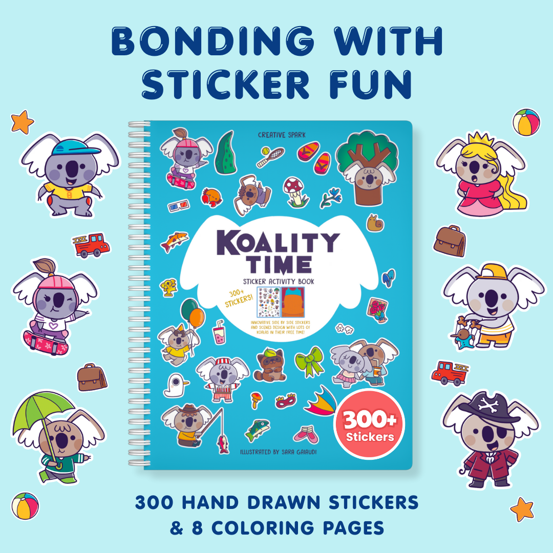 Sticker activity book titled 'Koality Time' with colorful koala illustrations on a blue background.