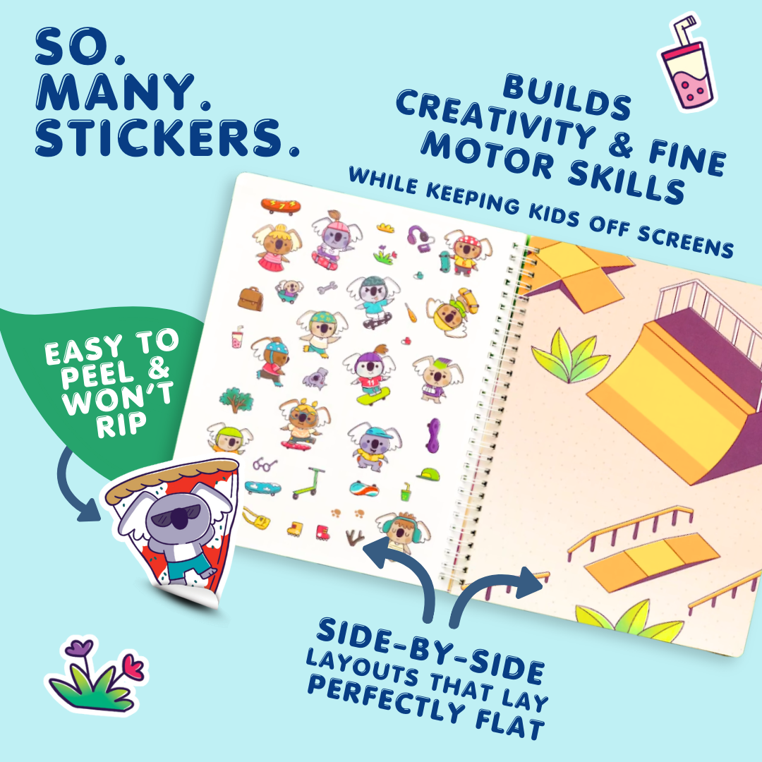 Sticker book with colorful illustrations and text highlighting features on a light blue background
