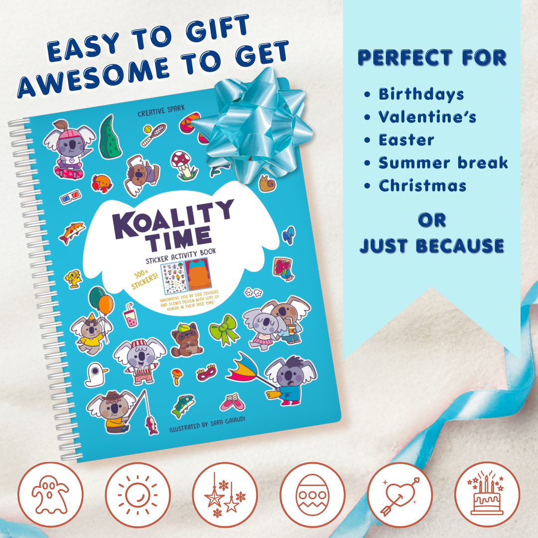Sticker activity book titled 'Koality Time' with a blue ribbon on a light background