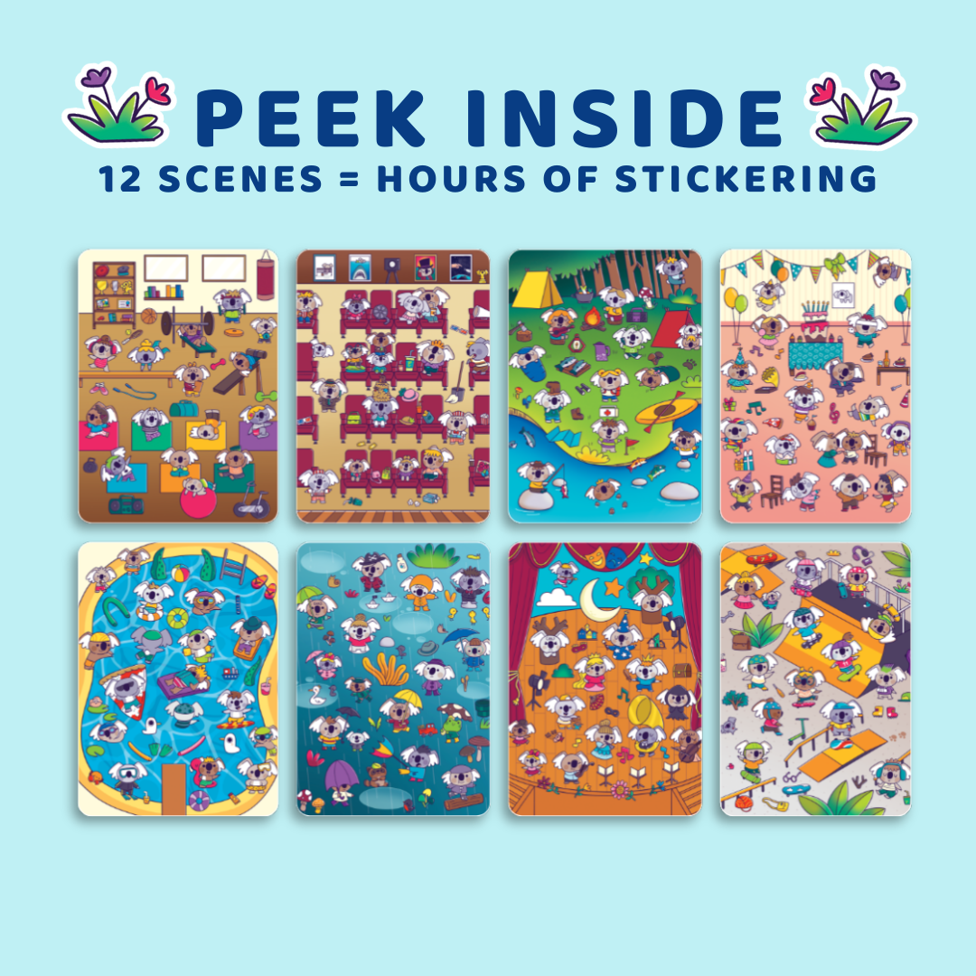 Set of colorful sticker sheets with various scenes on a light blue background, featuring text 'Peek Inside' and '12 Scenes = Hours of Sticking'.