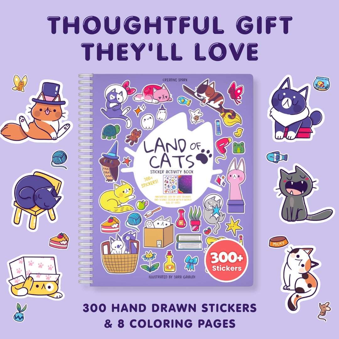 Sticker activity book titled 'Land of Cats' with stickers and coloring pages on a purple background.