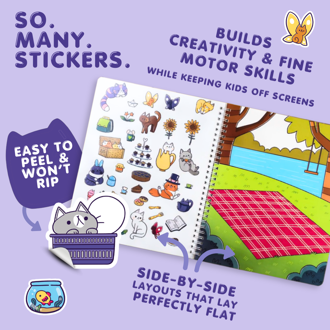 Sticker book with stickers and a side-by-side layout on a purple background