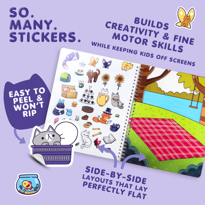 Sticker book with stickers and a side-by-side layout on a purple background