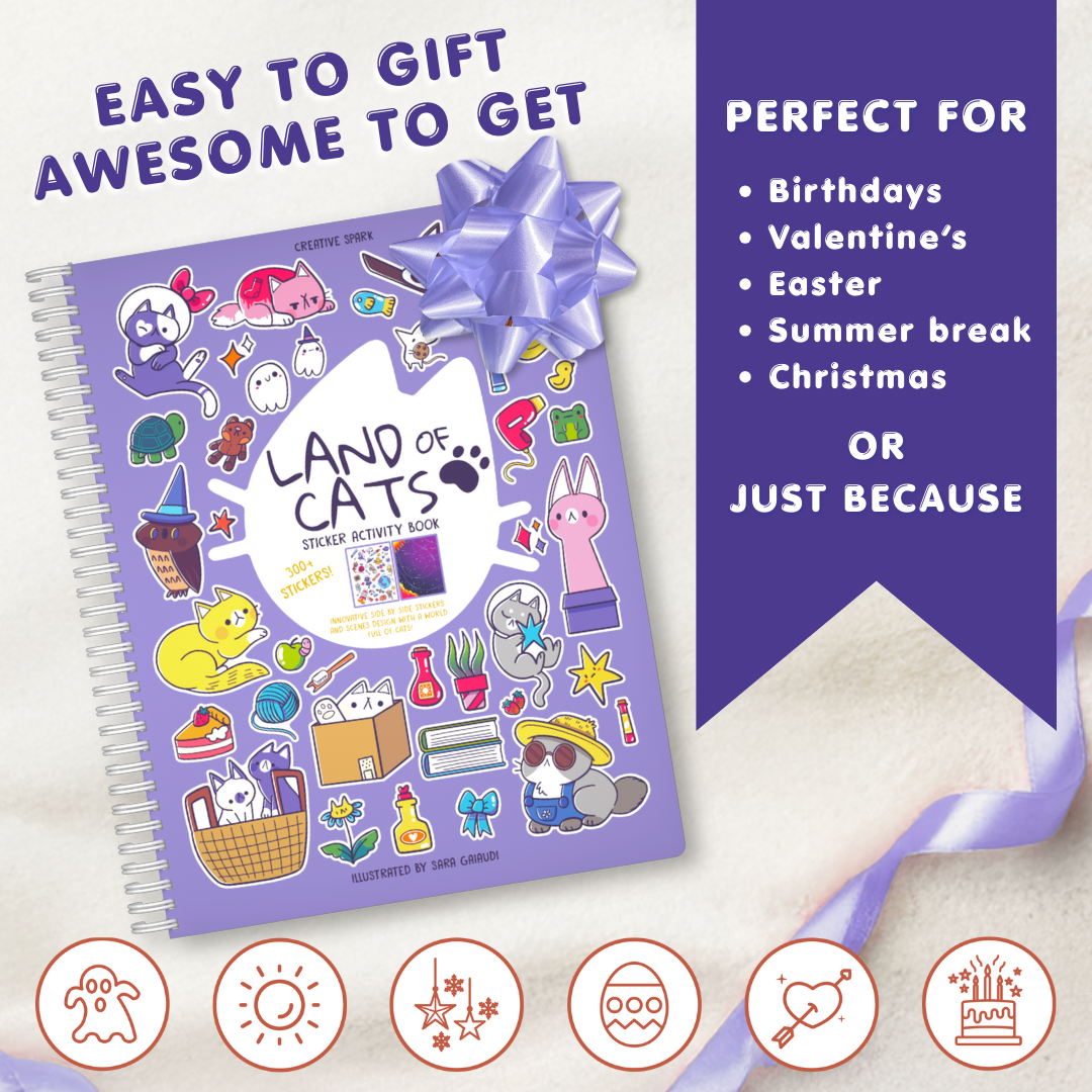 Sticker activity book titled 'Land of Cats' with a purple bow on a light background