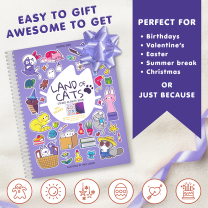 Sticker activity book titled 'Land of Cats' with a purple bow on a light background