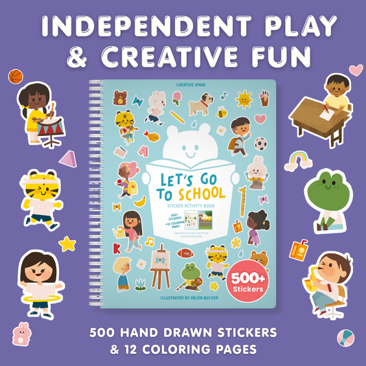 Sticker activity book titled 'Let's Go to School' with stickers and text on a purple background