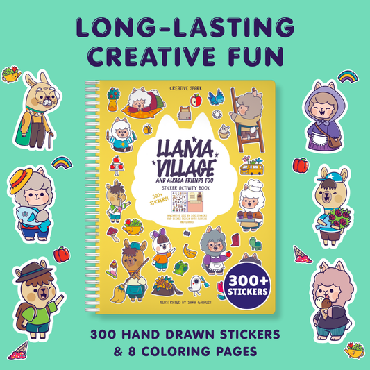 Sticker activity book cover with llama characters and text on a teal background