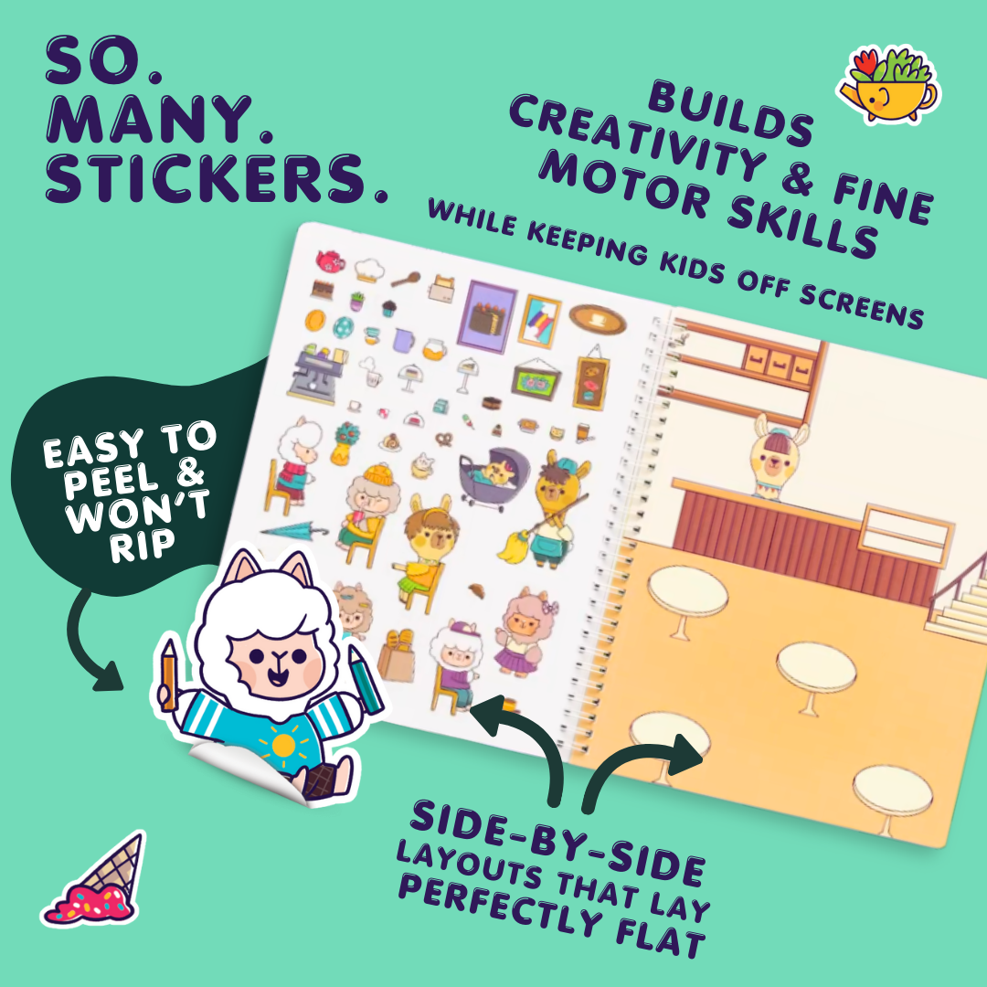 Sticker book with stickers and promotional text on a green background