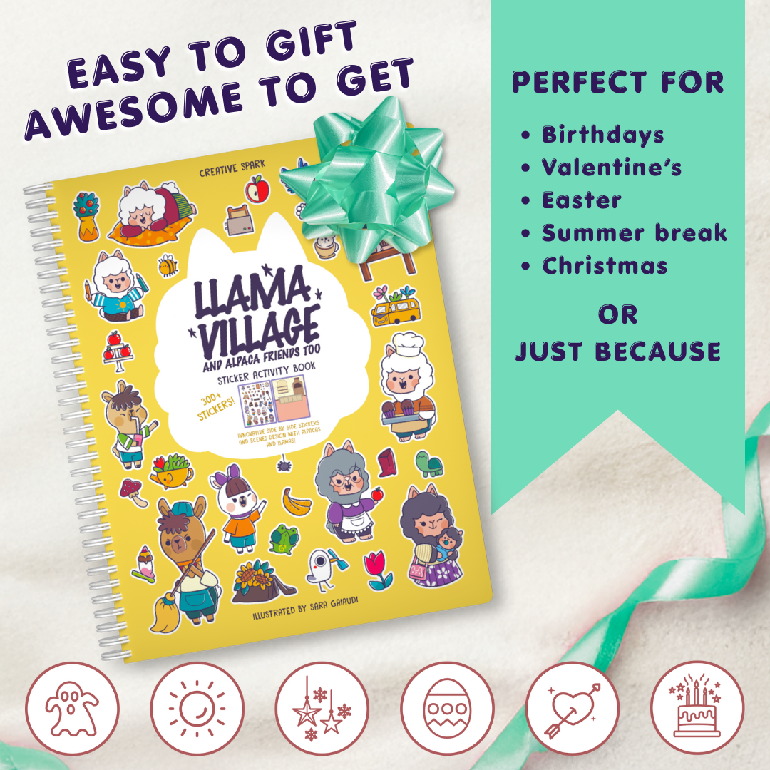 Sticker activity book titled 'Llama Village' with a green bow on a light background
