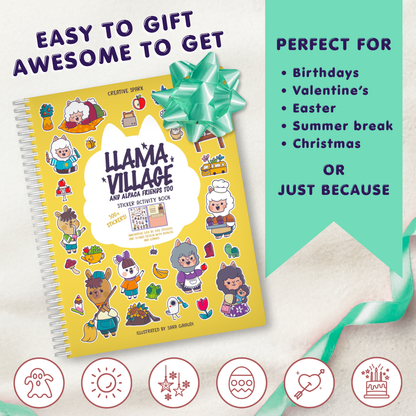 Sticker activity book titled 'Llama Village' with a green bow on a light background