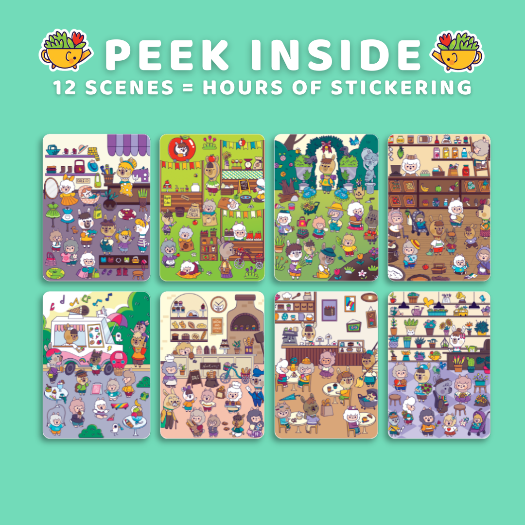 Set of eight colorful sticker sheets with various scenes on a teal background, featuring the text 'Peek Inside' and '12 Scenes = Hours of Sticking'.