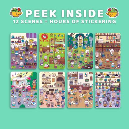 Set of eight colorful sticker sheets with various scenes on a teal background, featuring the text 'Peek Inside' and '12 Scenes = Hours of Sticking'.