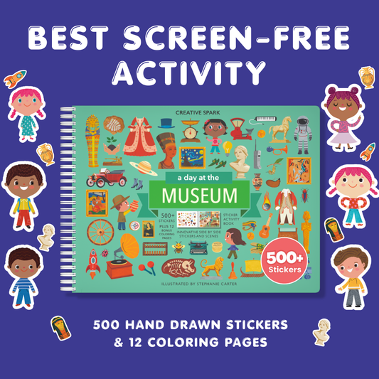Children's activity book titled 'A Day at the Museum' with stickers and coloring pages on a blue background.