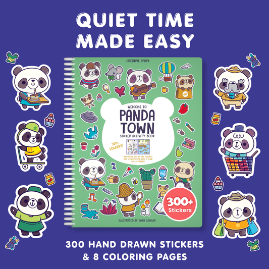 Panda Town sticker activity book with colorful panda illustrations on a blue background