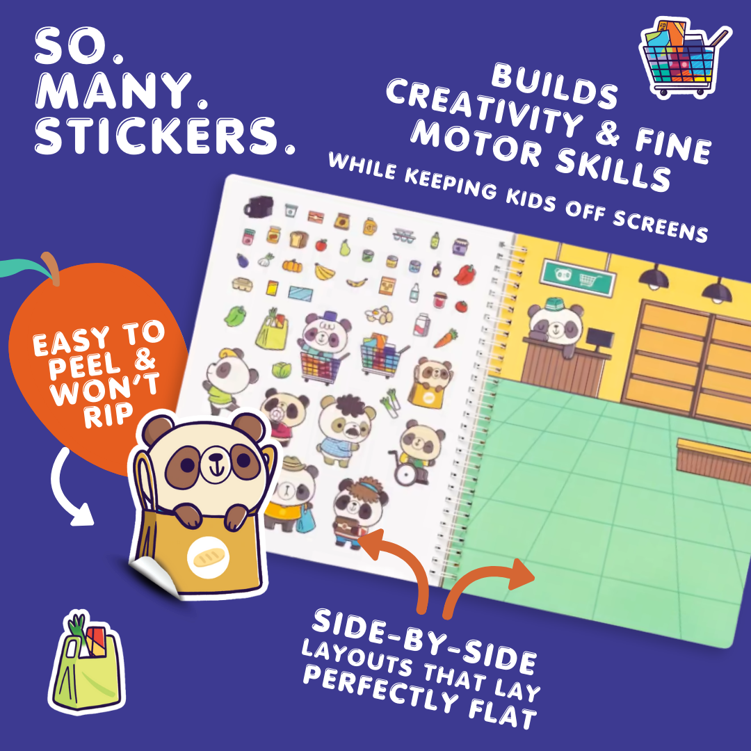 Sticker book with panda design on a blue background, featuring text about stickers and benefits.