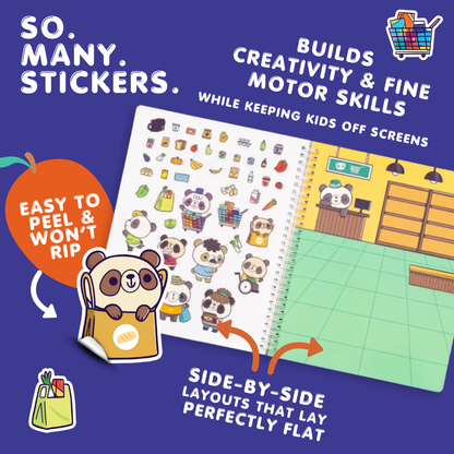 Sticker book with panda design on a blue background, featuring text about stickers and benefits.