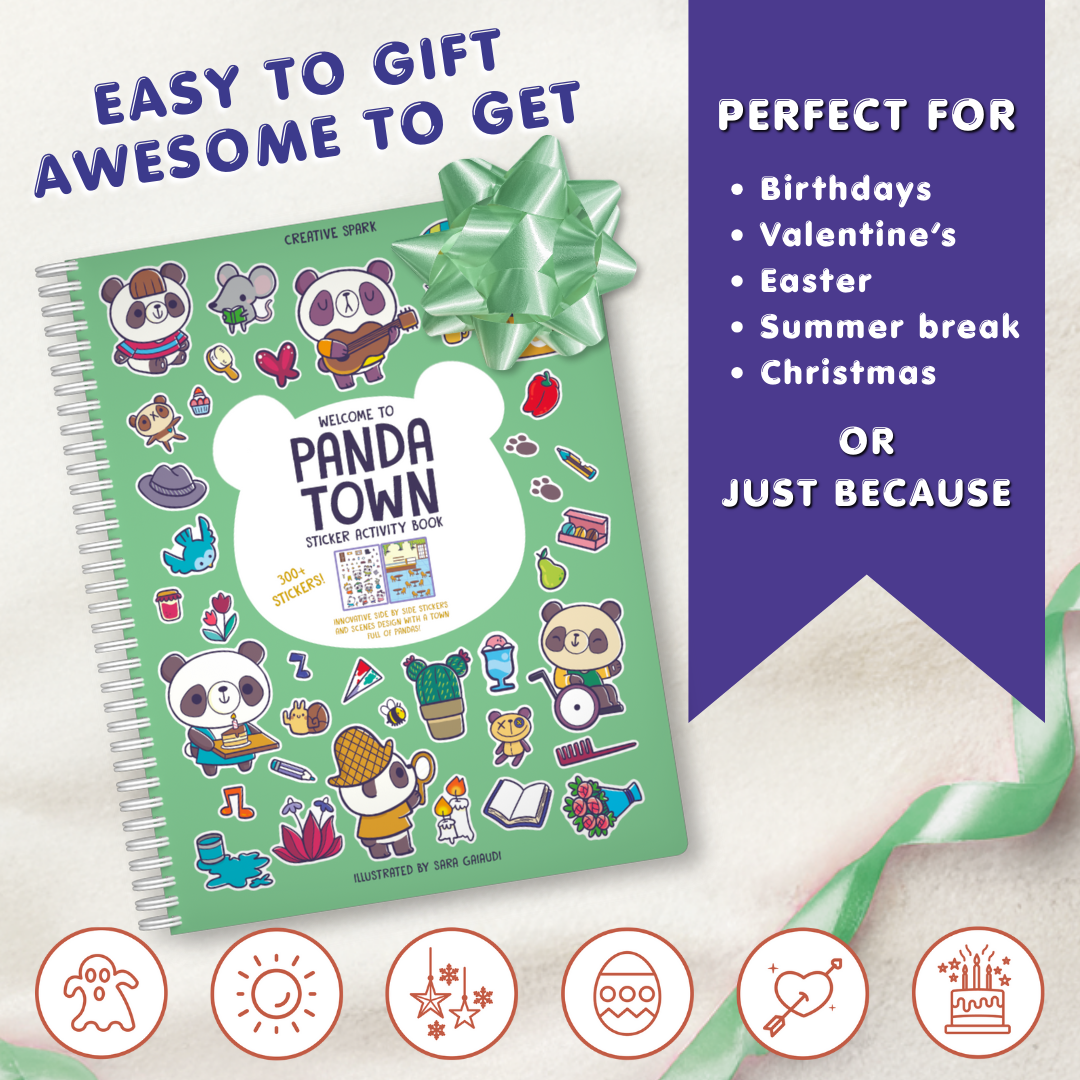Panda Town sticker activity book with a green ribbon on a white background