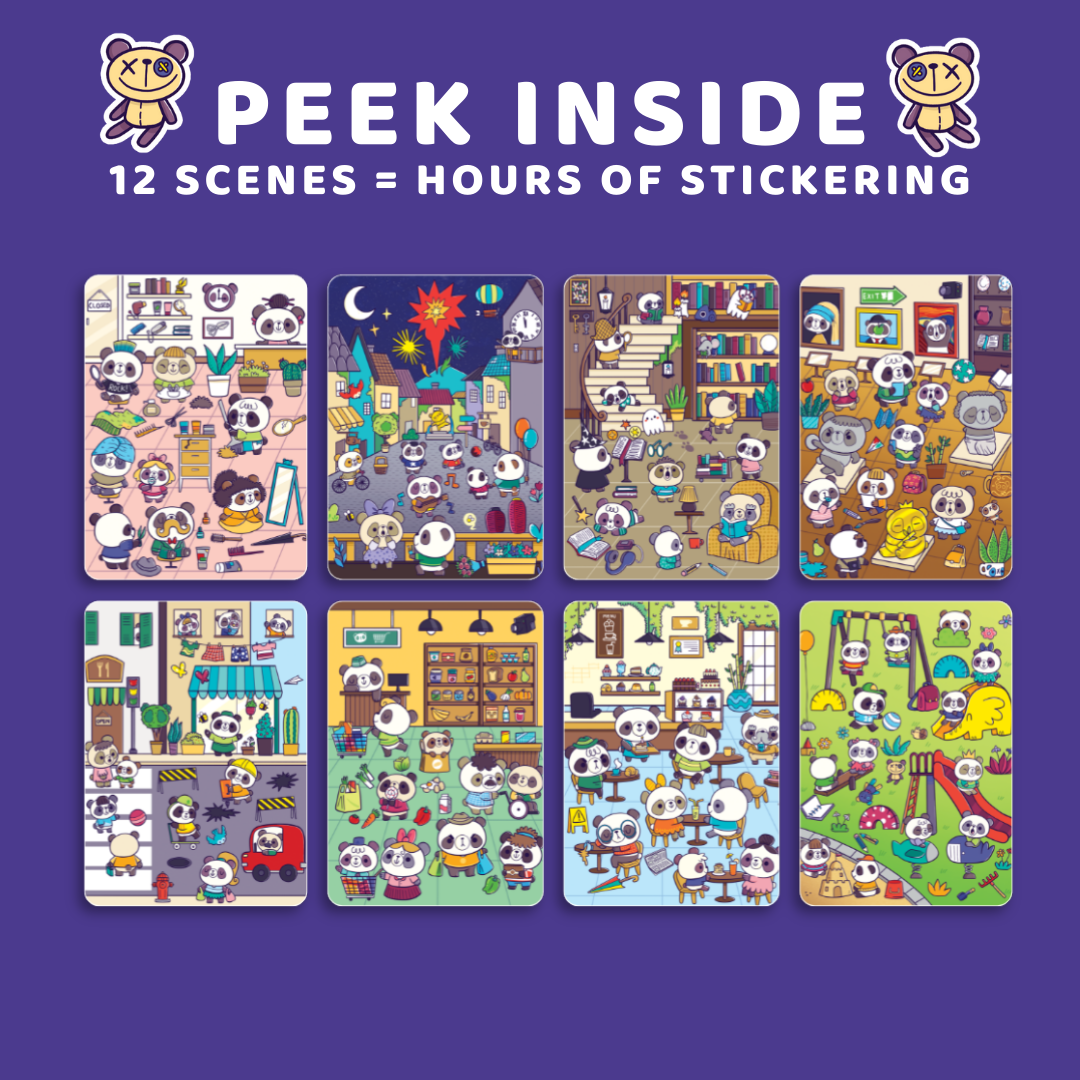 Set of 'Peek Inside' sticker sheets with colorful scenes on a purple background