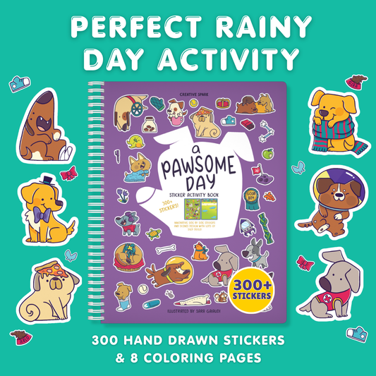 Sticker activity book titled 'Pawsome Day' with stickers on a teal background