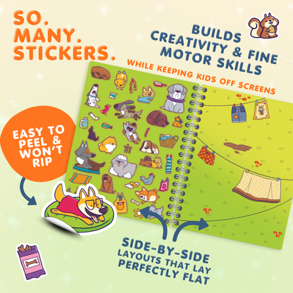 Sticker book with animals and text about creativity and fine motor skills on a light green background