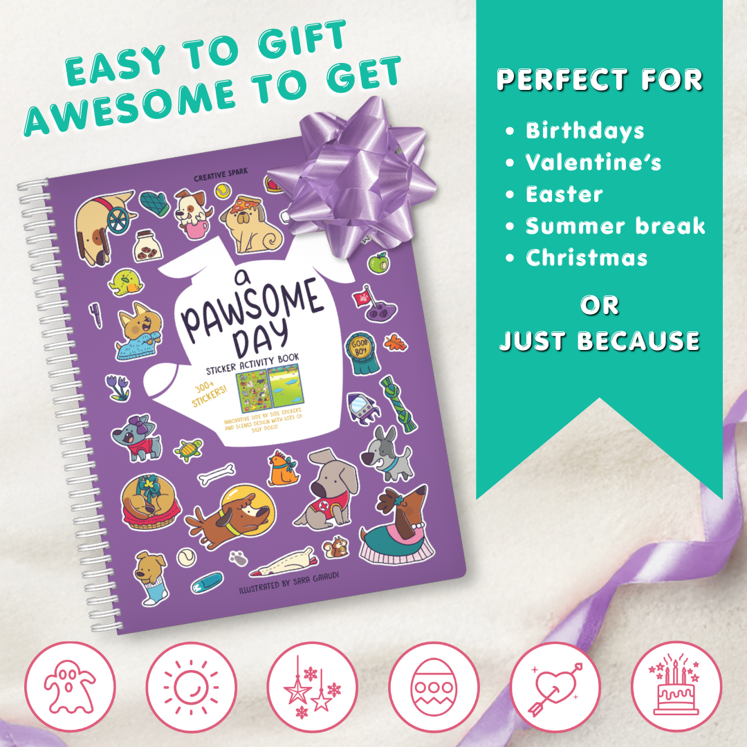 Purple sticker activity book with a bow on a light background, promoting gift-giving and various occasions.