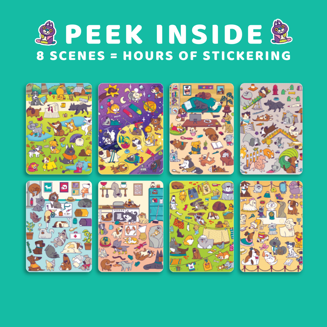 Set of eight colorful sticker sheets with cartoon animals on a teal background, featuring the text 'Peek Inside' and '8 Scenes = Hours of Sticking'.