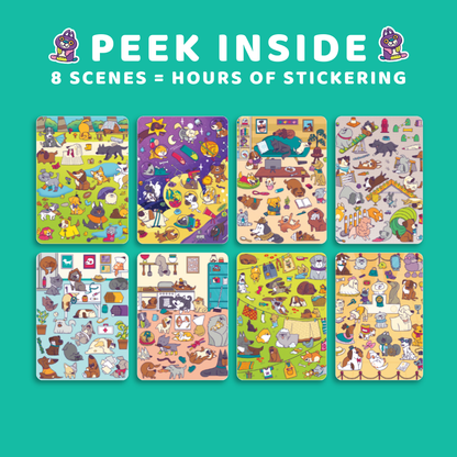 Set of eight colorful sticker sheets with cartoon animals on a teal background, featuring the text 'Peek Inside' and '8 Scenes = Hours of Sticking'.