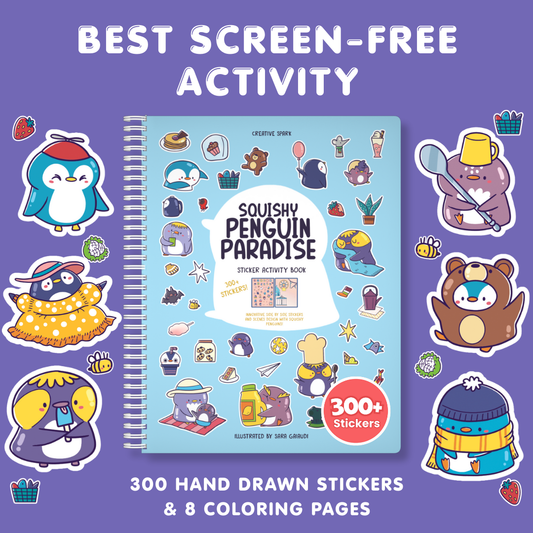 Sticker activity book titled 'Squishy Penguin Paradise' with stickers on a purple background