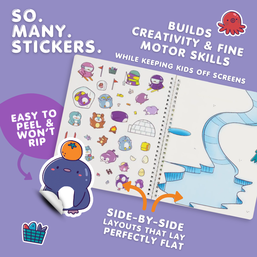 Sticker book with stickers and promotional text on a purple background