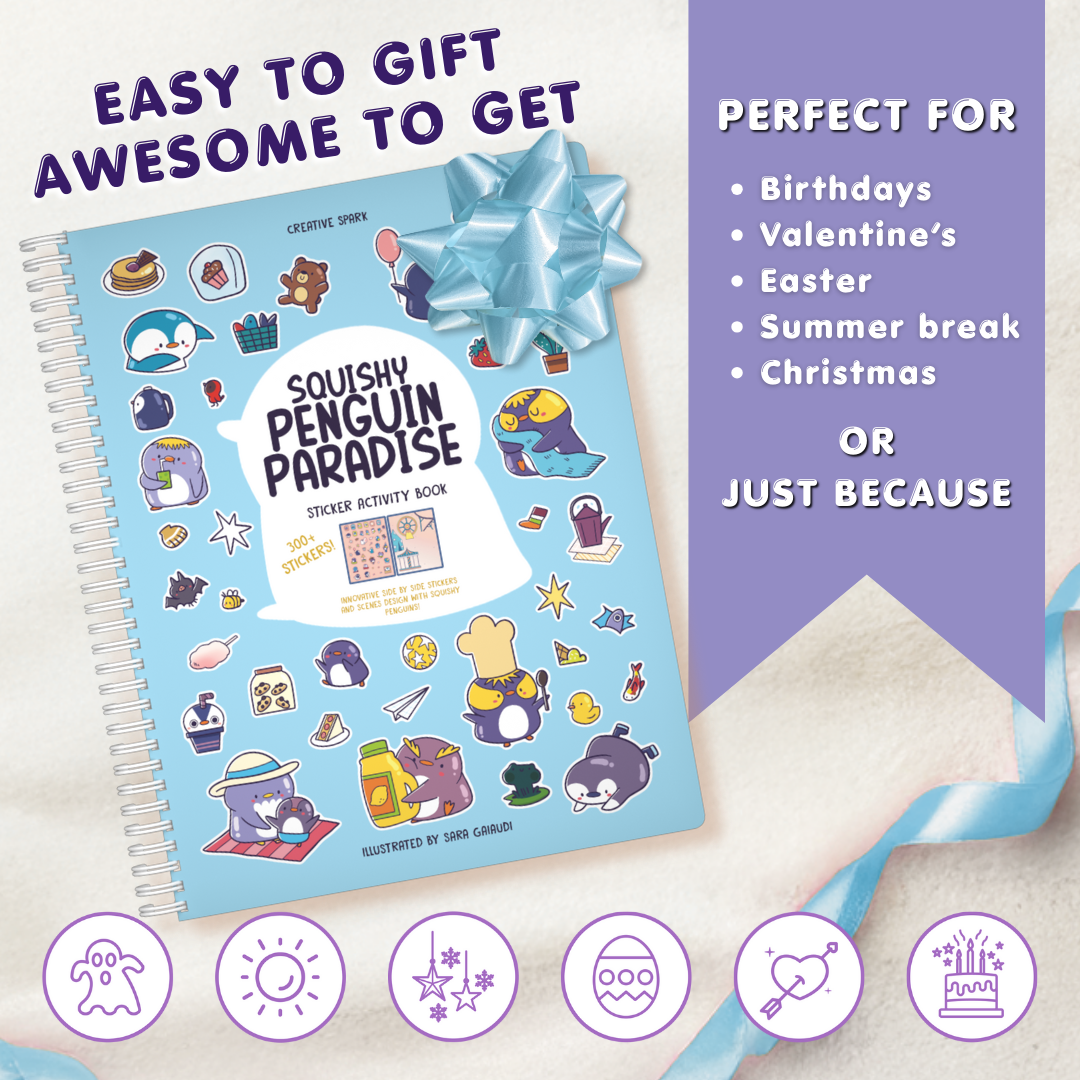 Squishy Penguin Paradise sticker activity book with a blue ribbon on a light background