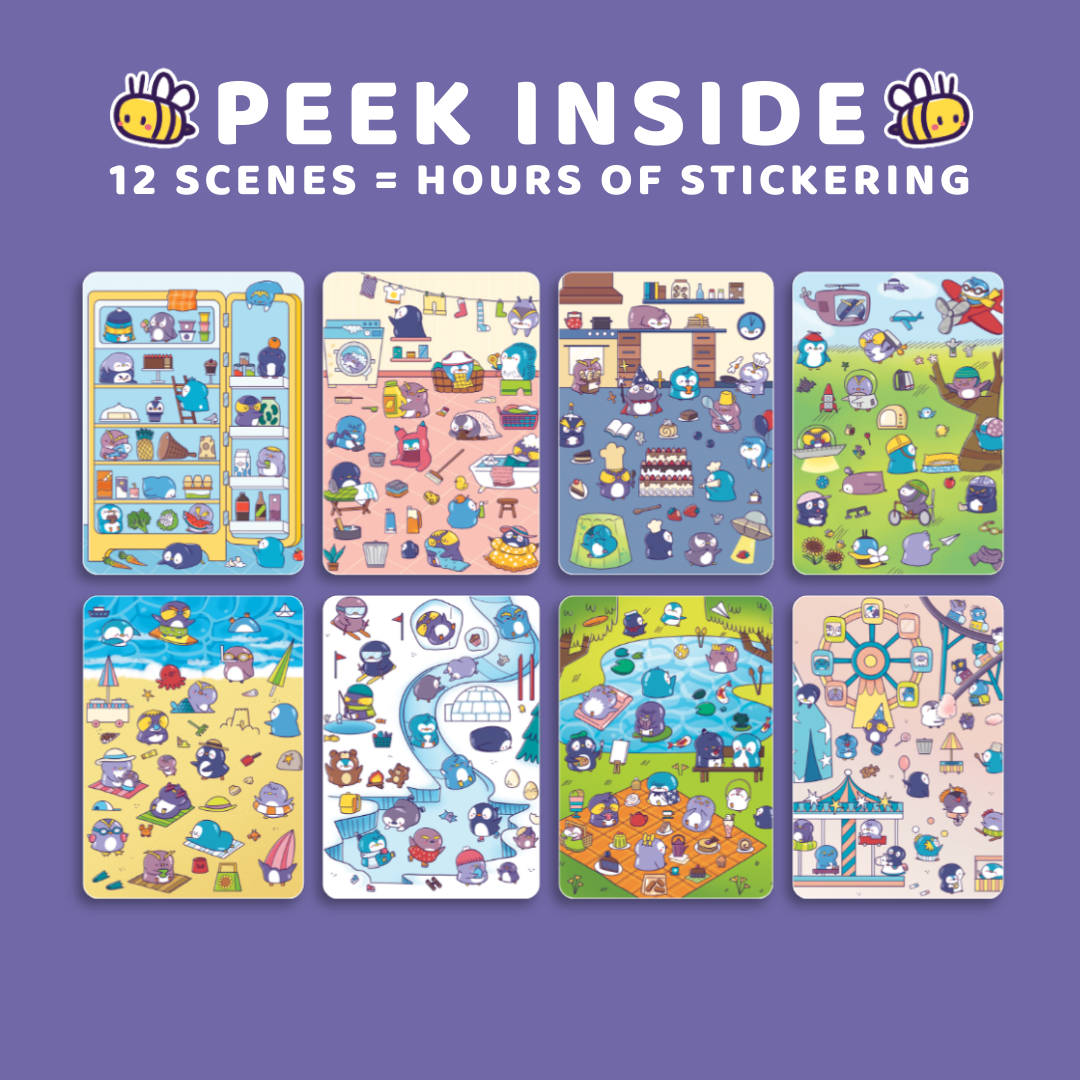 Set of colorful sticker sheets with various scenes on a purple background, featuring the 'Peek Inside' brand.