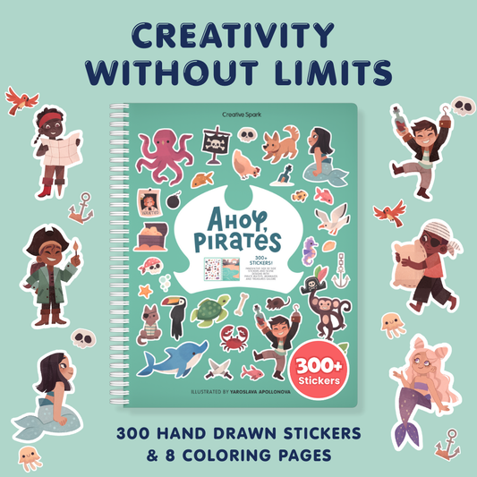 Sticker book titled 'Ahoy, Pirates' with stickers on a light blue background