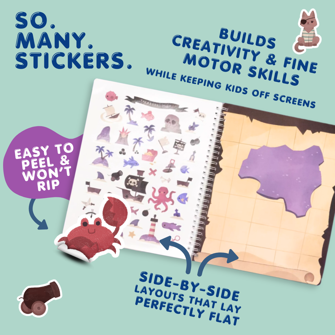 Sticker book with stickers and a map, promoting creativity and fine motor skills.