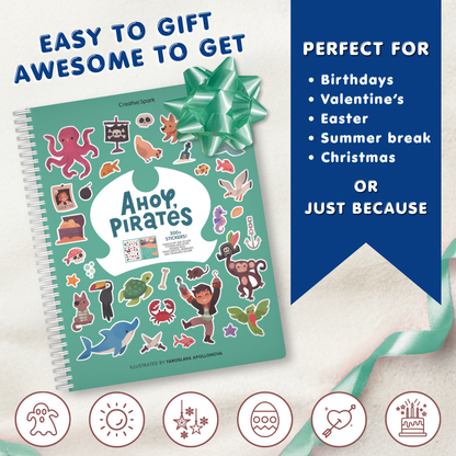 Children's activity book titled 'Ahoy, Pirates' with stickers and a green bow on a white background.