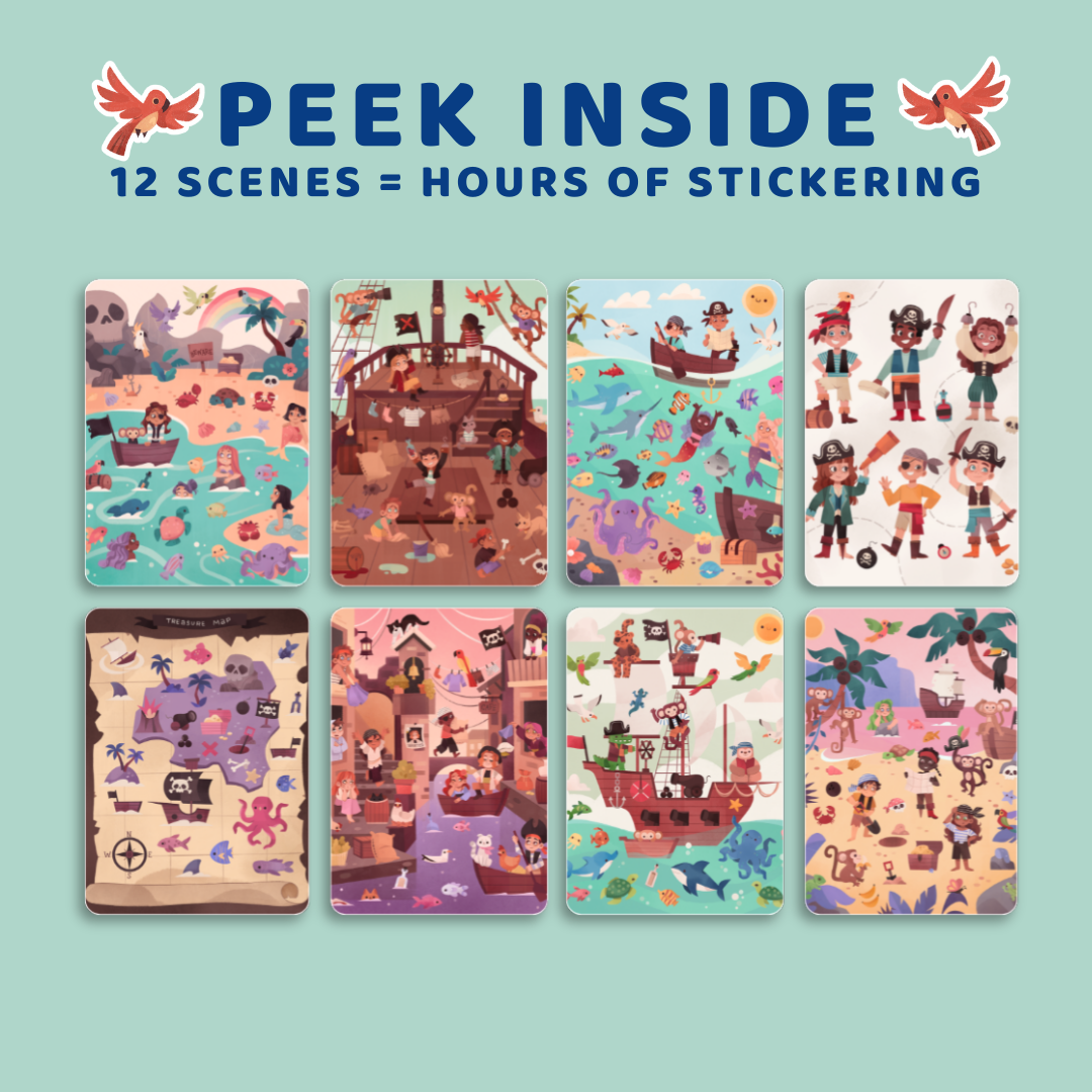 Set of colorful sticker sheets with pirate-themed illustrations on a light blue background.