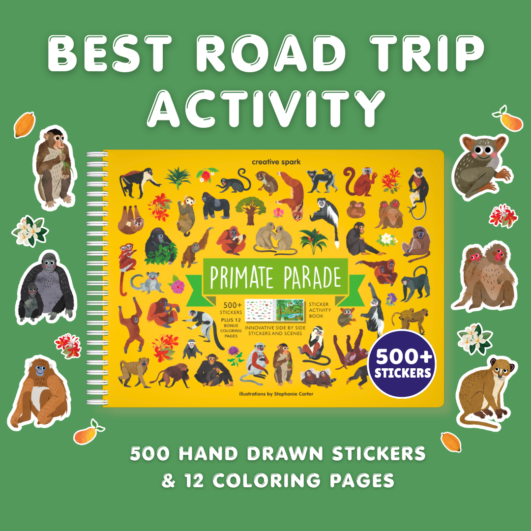 Children's activity book with primate-themed stickers and coloring pages on a green background