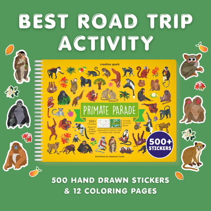 Children's activity book with primate-themed stickers and coloring pages on a green background