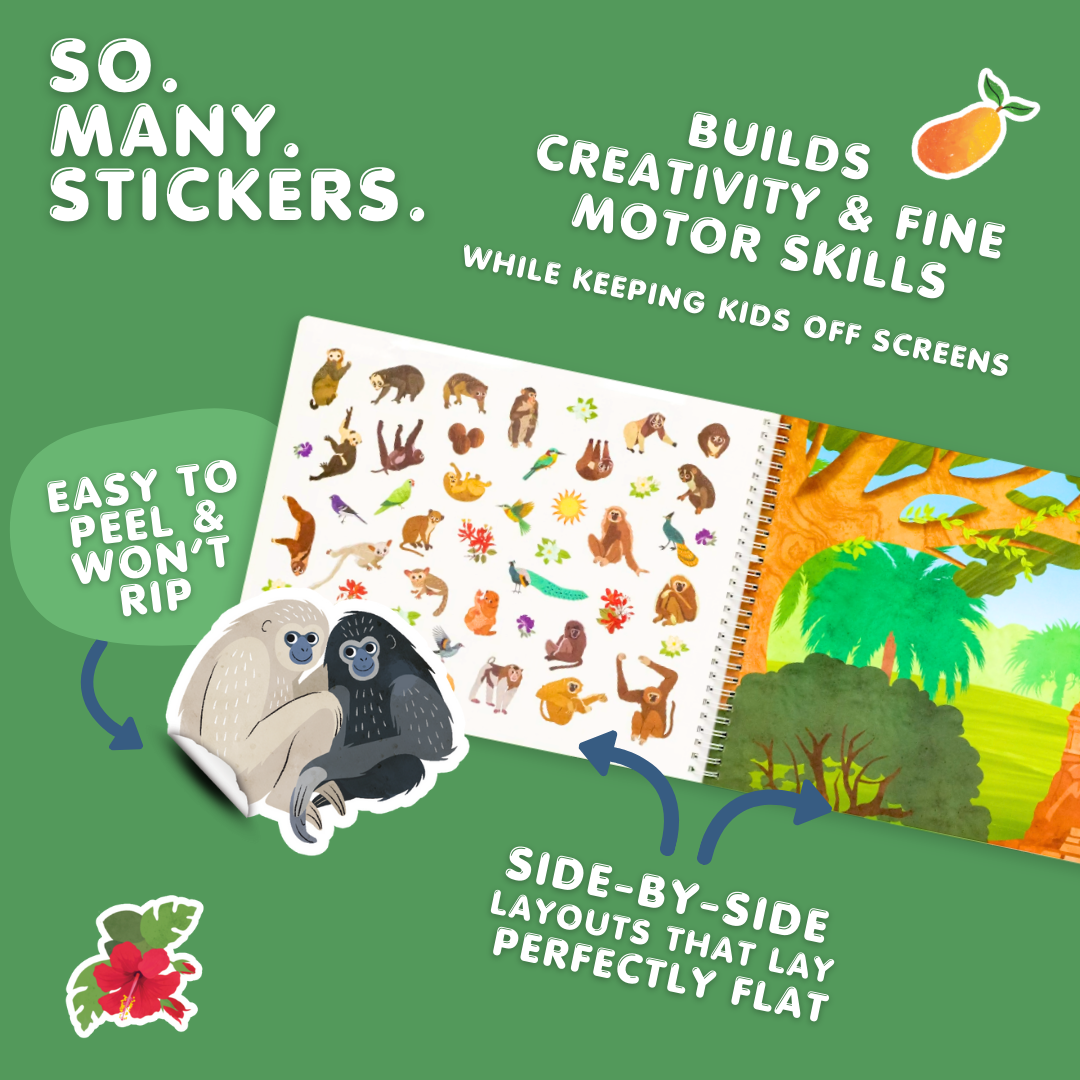 Children's sticker book with stickers and a green background highlighting features like 'So Many Stickers', 'Creativity & Fine Motor Skills', 'Easy to Peel & Won't Rip', and 'Side-by-Side Layouts'.