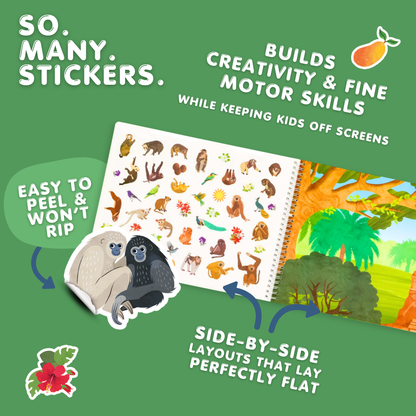 Children's sticker book with stickers and a green background highlighting features like 'So Many Stickers', 'Creativity & Fine Motor Skills', 'Easy to Peel & Won't Rip', and 'Side-by-Side Layouts'.