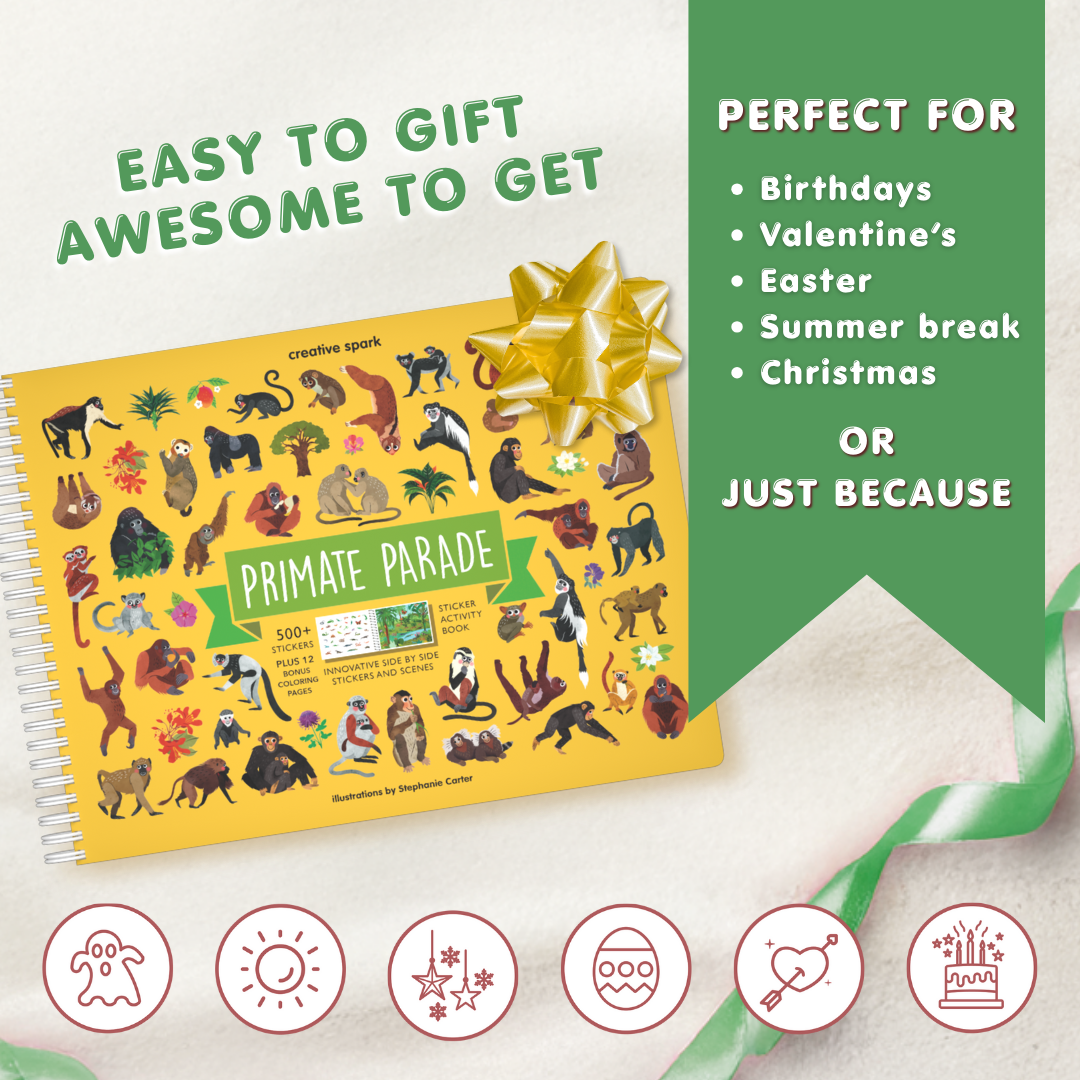 Sticker book titled 'Primate Parade' with a yellow cover and a gold bow on a white background.