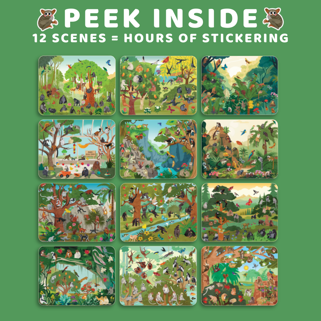 Cover of a sticker book with various scenes and text 'Peek Inside' on a green background
