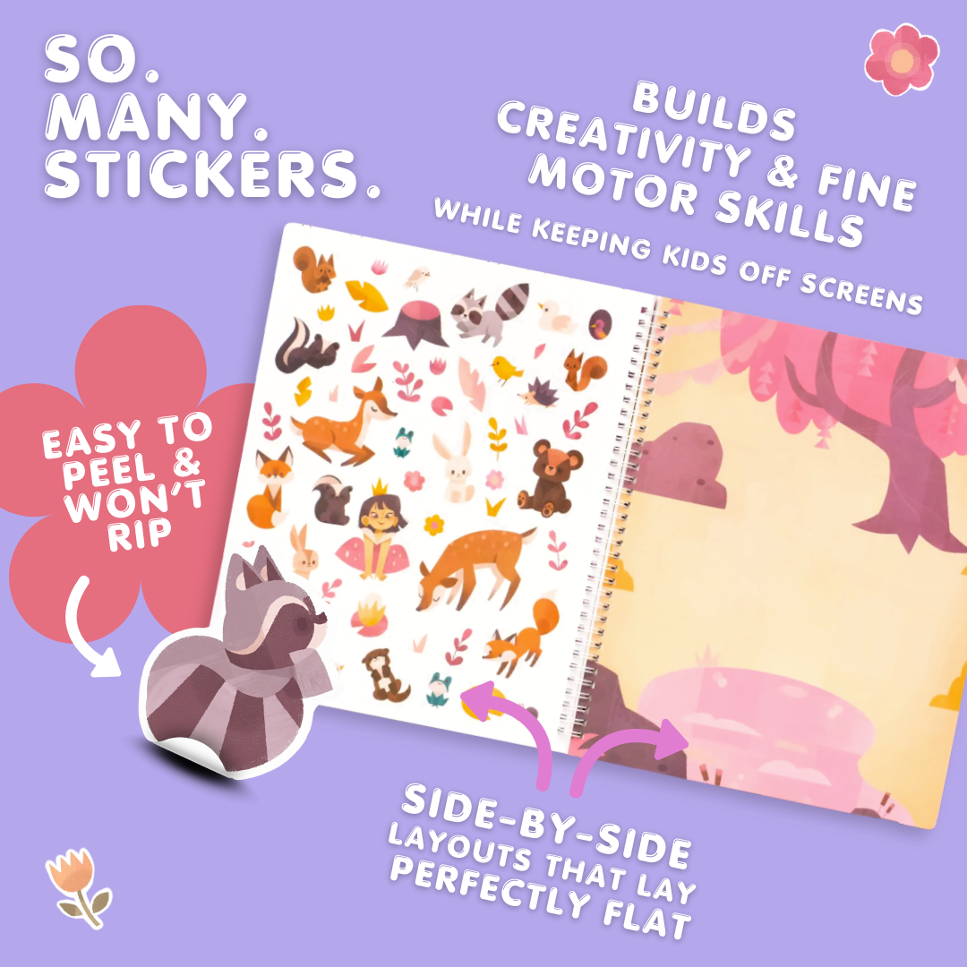 Sticker book with animal-themed stickers on a purple background, featuring text about the product's benefits.
