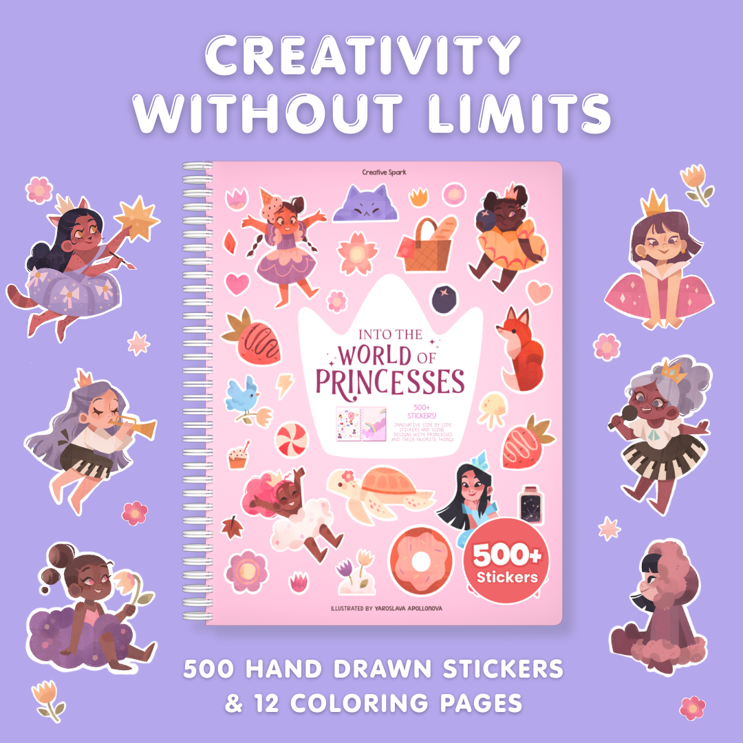 Sticker book titled 'Into the World of Princesses' with stickers on a purple background