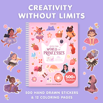 Sticker book titled 'Into the World of Princesses' with stickers on a purple background