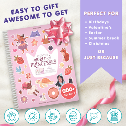Sticker book titled 'Into the World of Princesses' with a pink ribbon on a light background