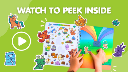 Hands placing stickers on a rainbow scene inside the Colors of the Rainbow sticker book