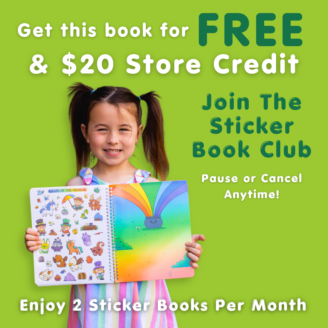Girl holding the Colors of the Rainbow sticker book. Join the Sticker Book Club, pause or cancel anytime